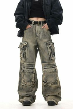 Y2K Grunge Style Dirty Wash Cargo Jeans with Multiple Pockets
