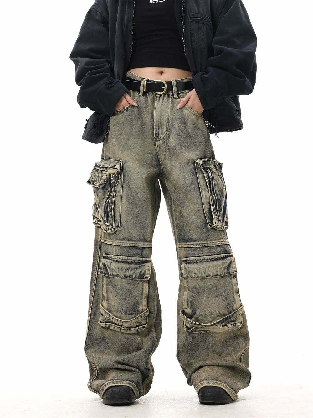 Y2K Grunge Style Dirty Wash Cargo Jeans with Multiple Pockets