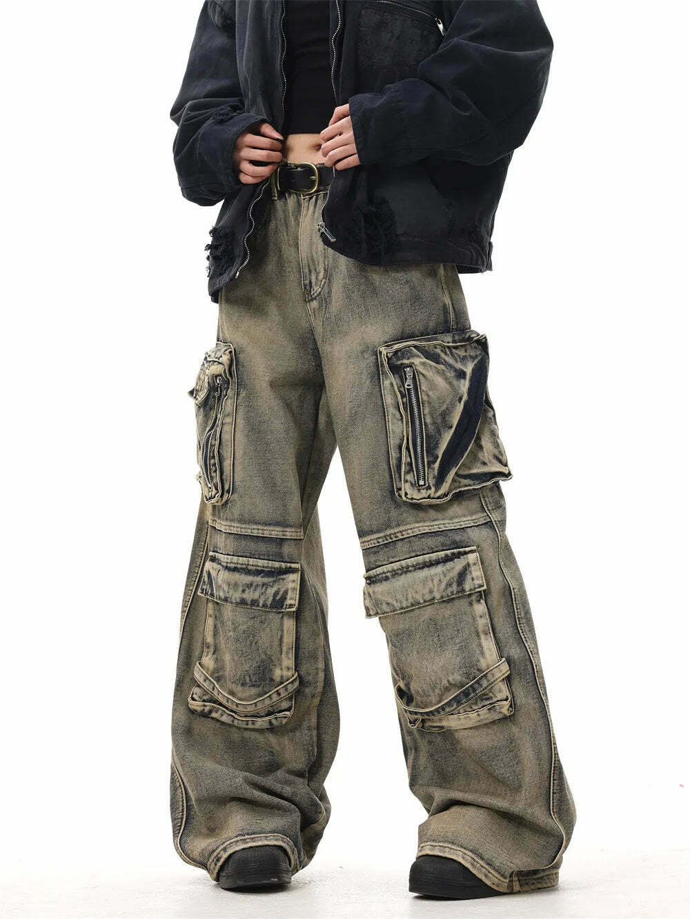 Y2K Grunge Style Dirty Wash Cargo Jeans with Multiple Pockets