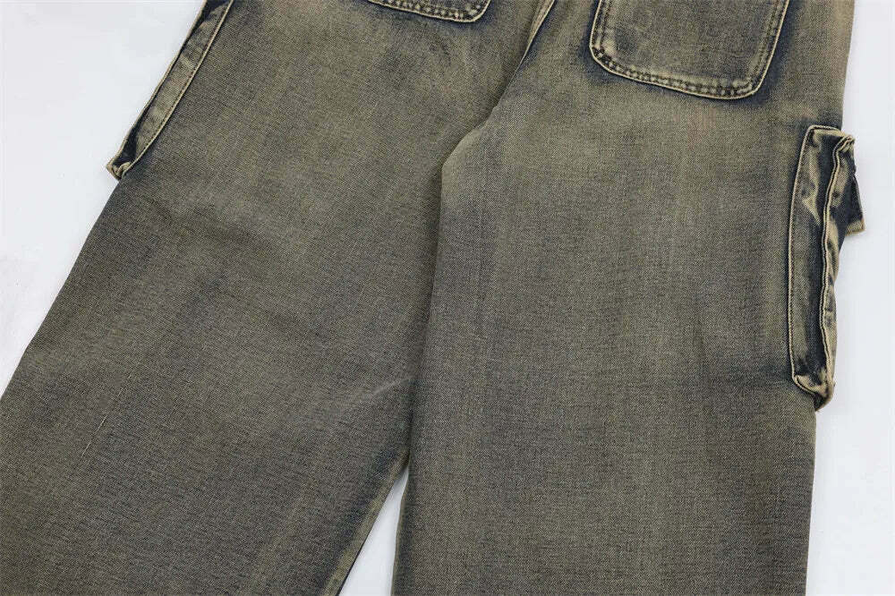 Y2K Grunge Style Dirty Wash Cargo Jeans with Multiple Pockets