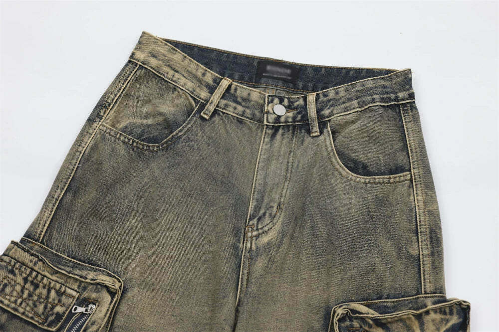 Y2K Grunge Style Dirty Wash Cargo Jeans with Multiple Pockets