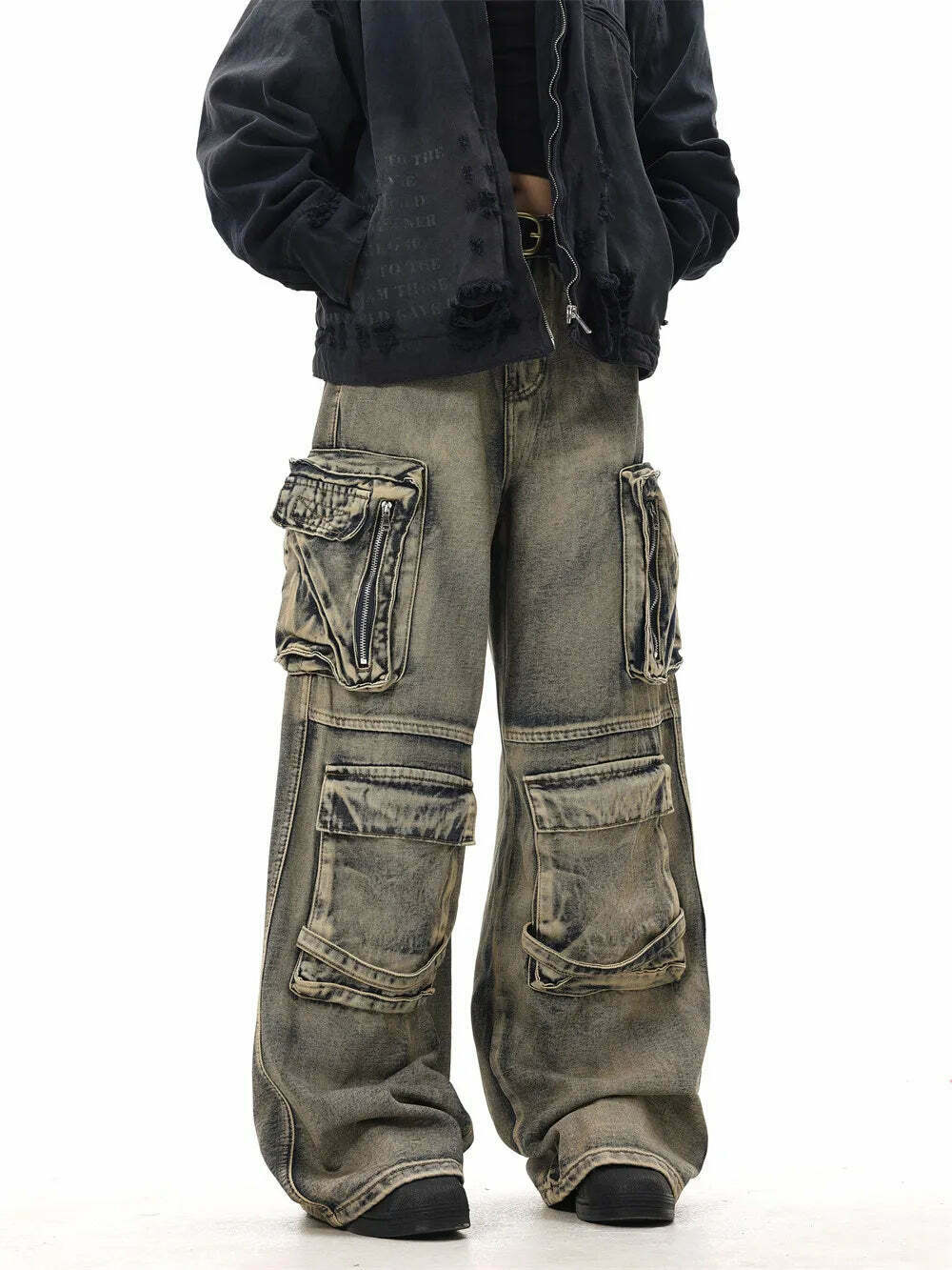 Y2K Grunge Style Dirty Wash Cargo Jeans with Multiple Pockets