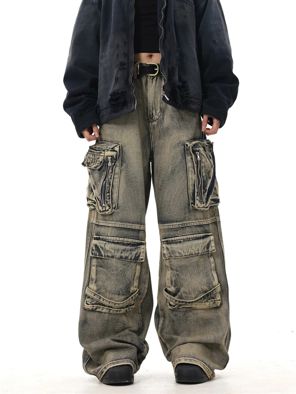 Y2K Grunge Style Dirty Wash Cargo Jeans with Multiple Pockets