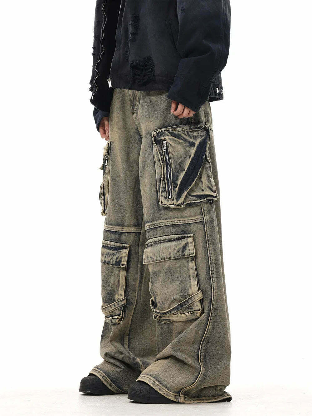 Y2K Grunge Style Dirty Wash Cargo Jeans with Multiple Pockets
