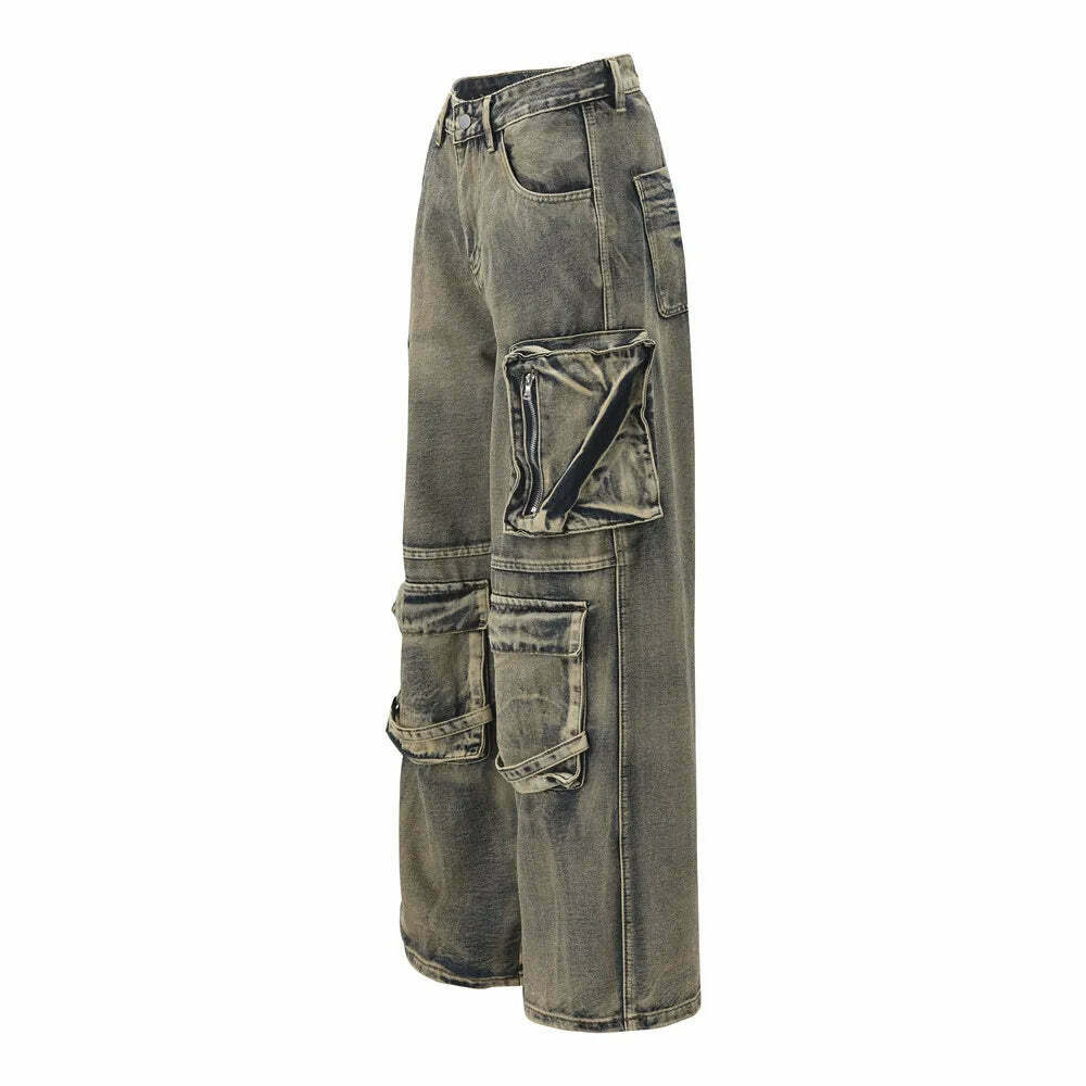 Y2K Grunge Style Dirty Wash Cargo Jeans with Multiple Pockets
