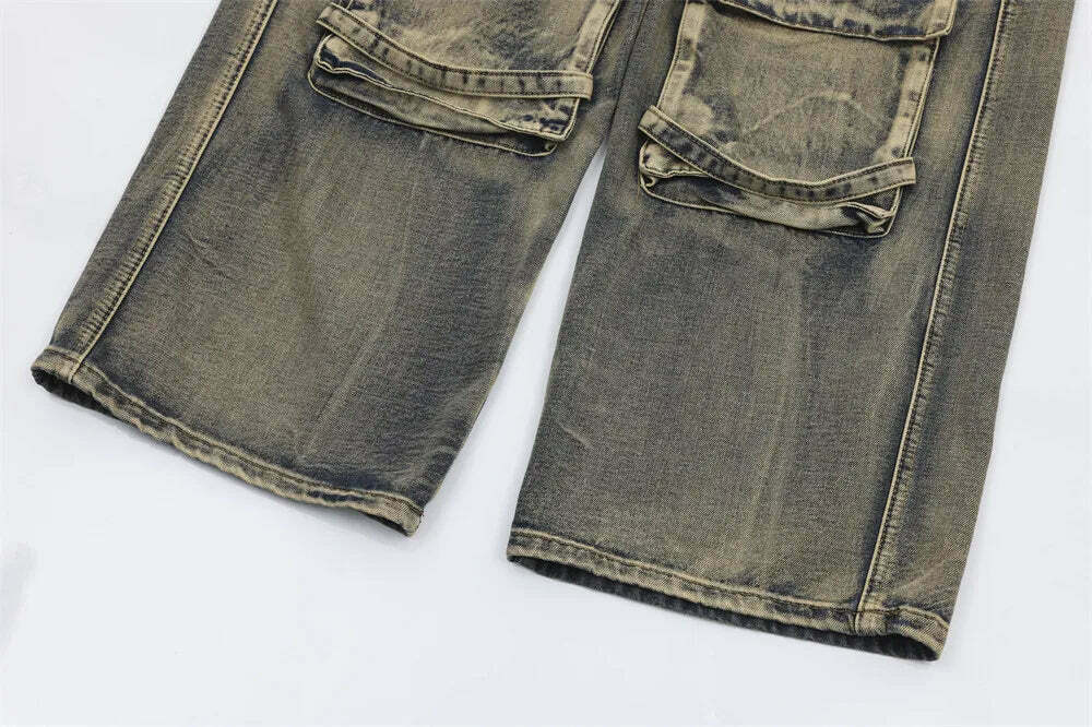 Y2K Grunge Style Dirty Wash Cargo Jeans with Multiple Pockets