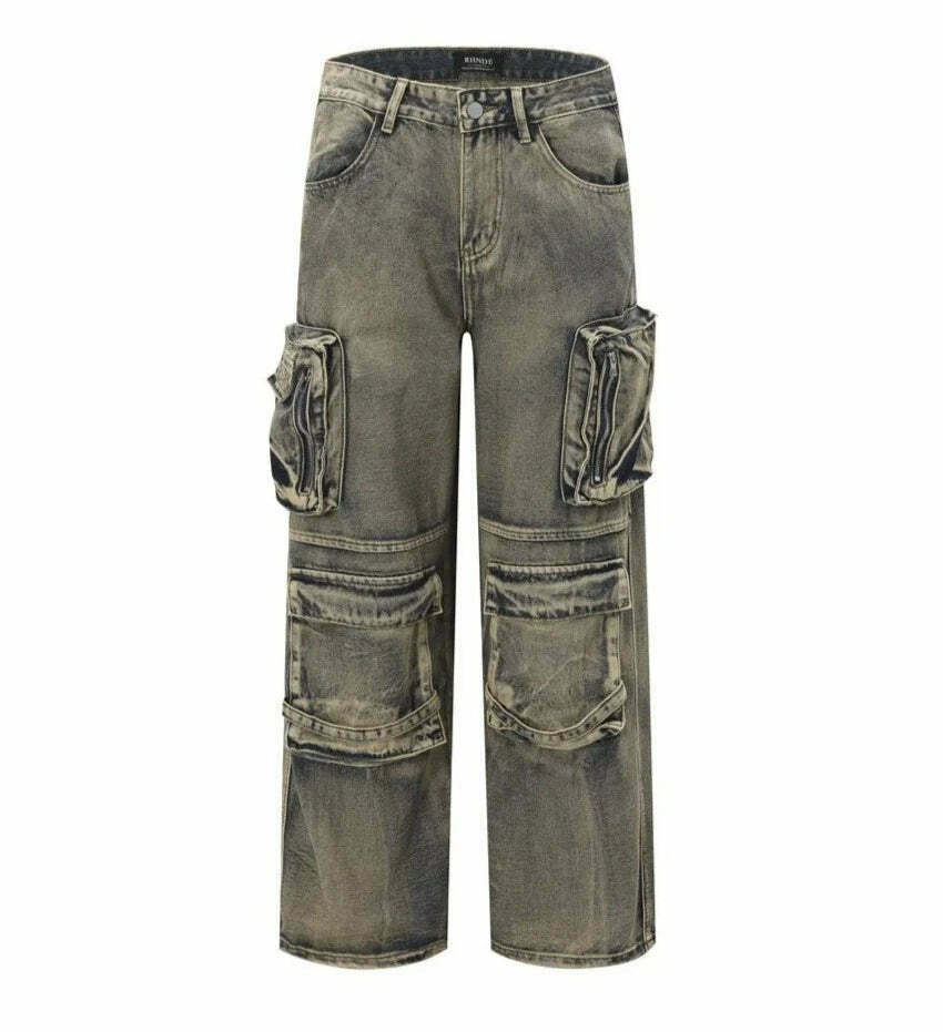 Y2K Grunge Style Dirty Wash Cargo Jeans with Multiple Pockets