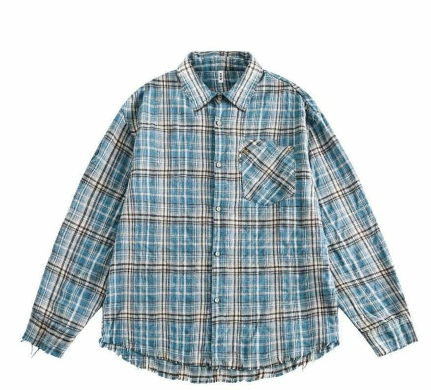 Y2K Grunge Style Distressed Hem Blue Plaid Shirt for Women - Coquette Aesthetic Fashion