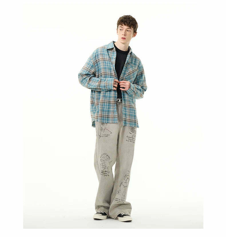 Y2K Grunge Style Distressed Hem Blue Plaid Shirt for Women - Coquette Aesthetic Fashion