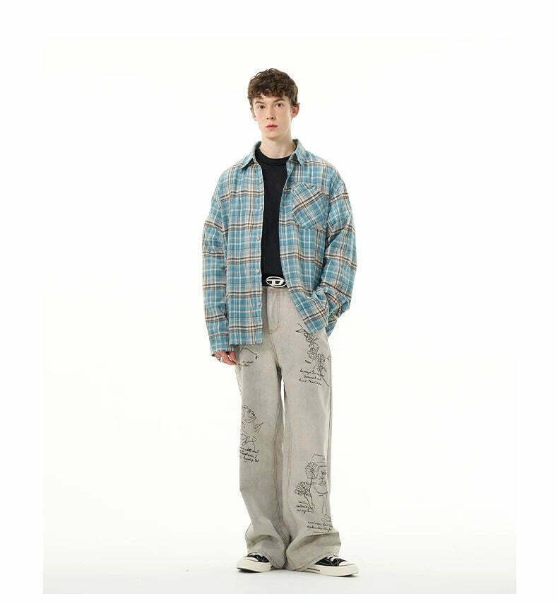 Y2K Grunge Style Distressed Hem Blue Plaid Shirt for Women - Coquette Aesthetic Fashion