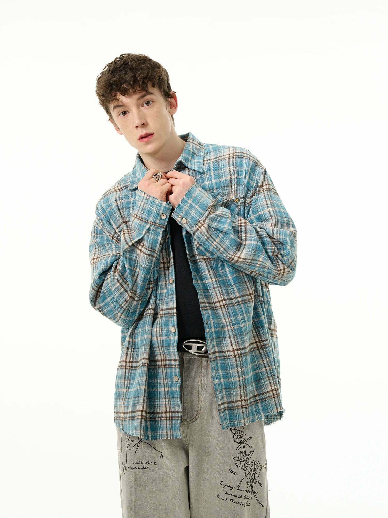 Y2K Grunge Style Distressed Hem Blue Plaid Shirt for Women - Coquette Aesthetic Fashion