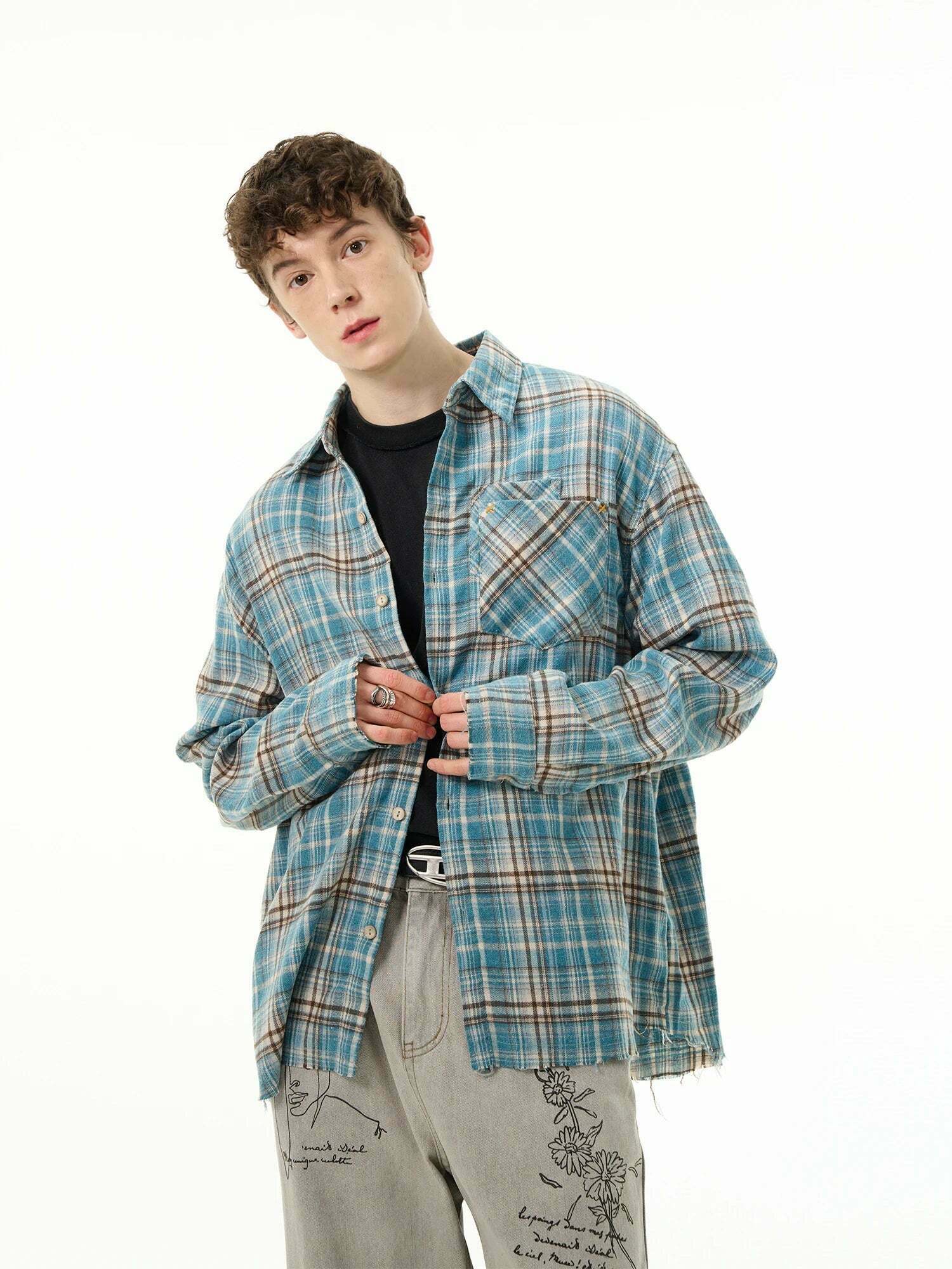 Y2K Grunge Style Distressed Hem Blue Plaid Shirt for Women - Coquette Aesthetic Fashion