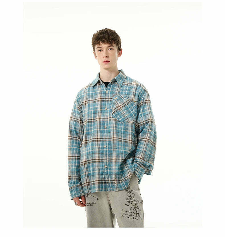 Y2K Grunge Style Distressed Hem Blue Plaid Shirt for Women - Coquette Aesthetic Fashion