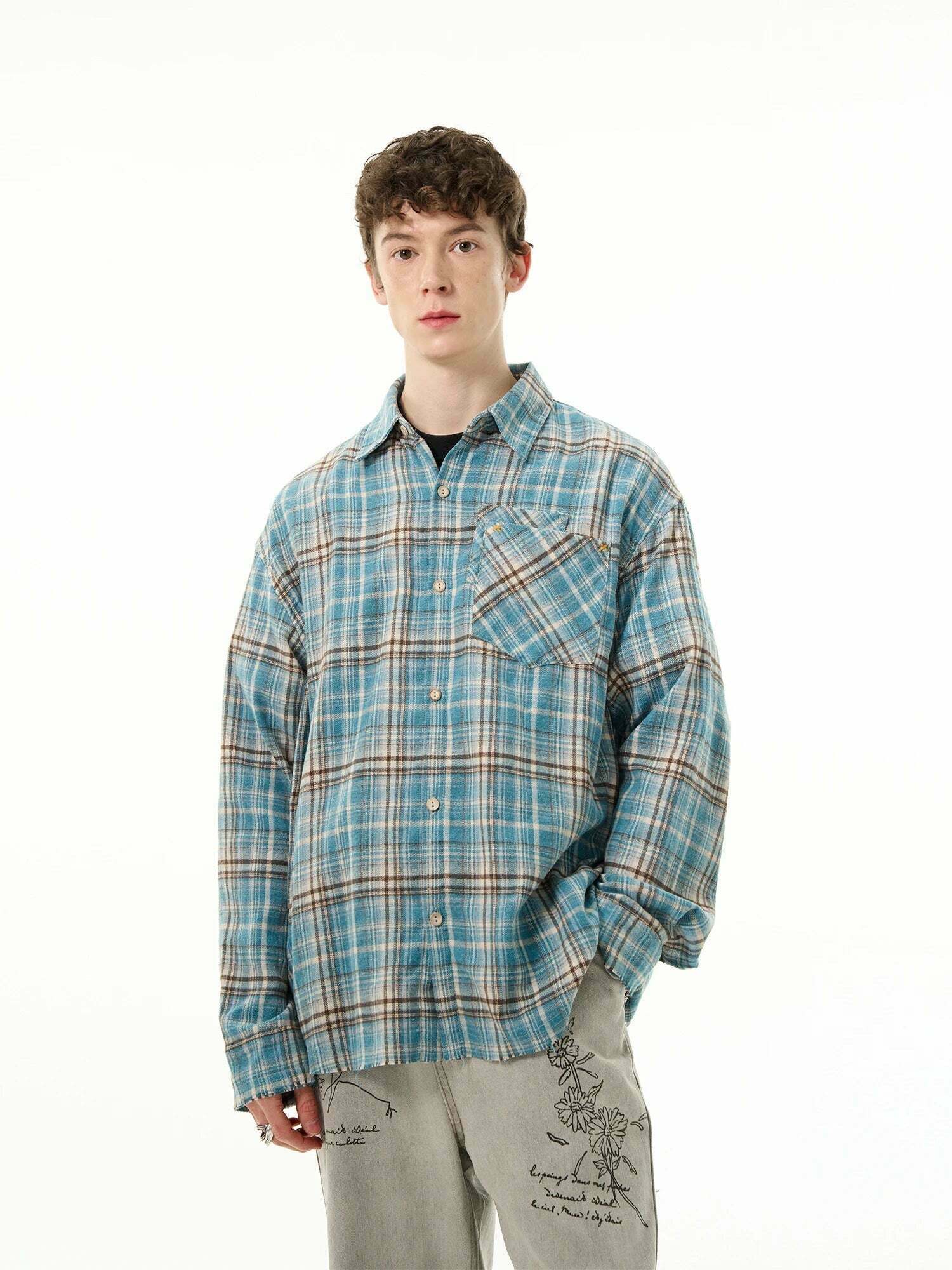 Y2K Grunge Style Distressed Hem Blue Plaid Shirt for Women - Coquette Aesthetic Fashion