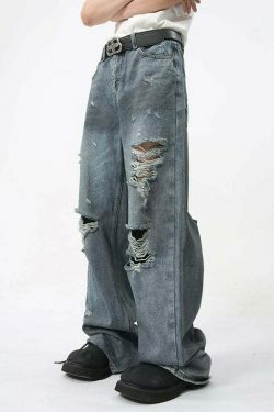 Y2K Grunge Style Distressed Loose Straight Jeans for Women - Coquette Aesthetic Fashion