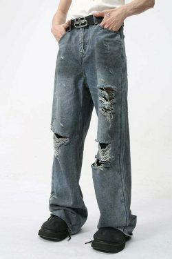 Y2K Grunge Style Distressed Loose Straight Jeans for Women - Coquette Aesthetic Fashion