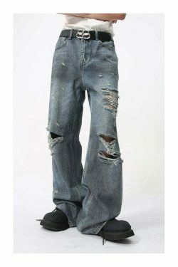 Y2K Grunge Style Distressed Loose Straight Jeans for Women - Coquette Aesthetic Fashion