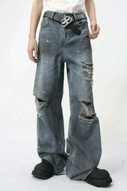 Y2K Grunge Style Distressed Loose Straight Jeans for Women - Coquette Aesthetic Fashion