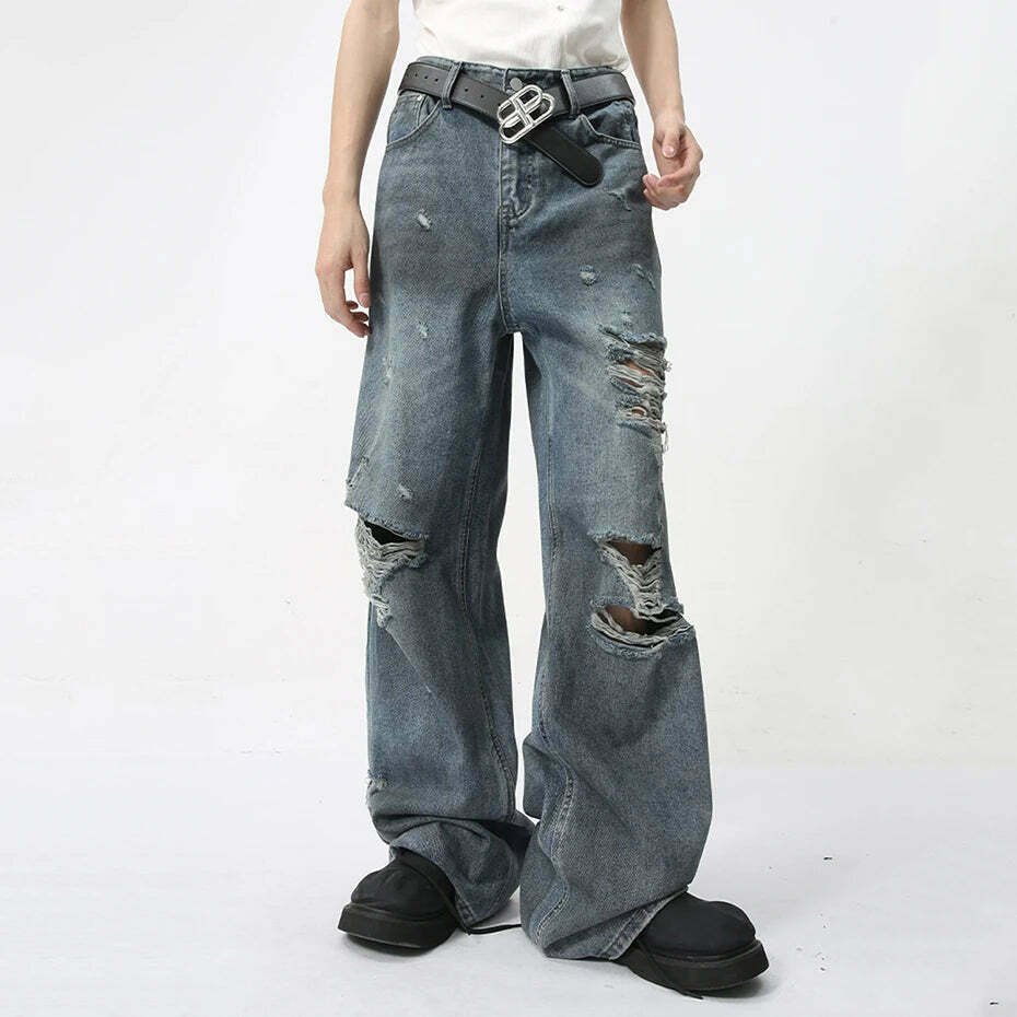 Y2K Grunge Style Distressed Loose Straight Jeans for Women - Coquette Aesthetic Fashion