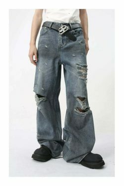 Y2K Grunge Style Distressed Loose Straight Jeans for Women - Coquette Aesthetic Fashion