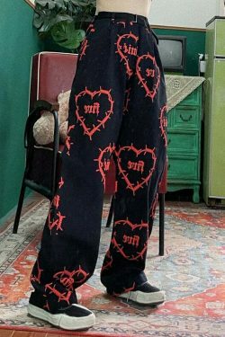 Y2K Grunge Wide Leg Pants with Barbwire Heart Pattern - Coquette Aesthetic Fashion