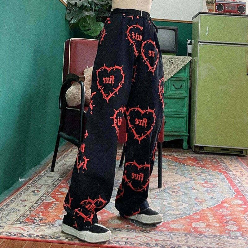 Y2K Grunge Wide Leg Pants with Barbwire Heart Pattern - Coquette Aesthetic Fashion