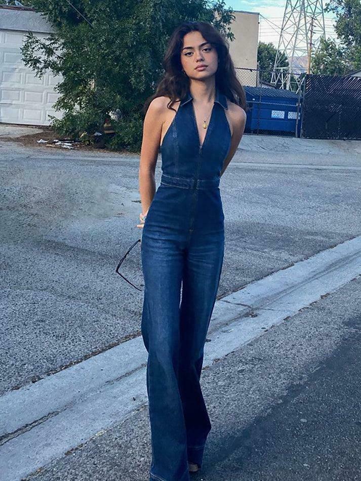 Y2K Halter Neck Denim Jumpsuit: Coquette Aesthetic Grunge Style Cargo Skirt Outfit