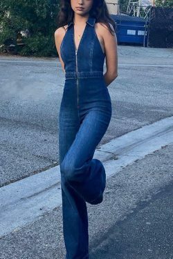 Y2K Halter Neck Denim Jumpsuit: Coquette Aesthetic Grunge Style Cargo Skirt Outfit
