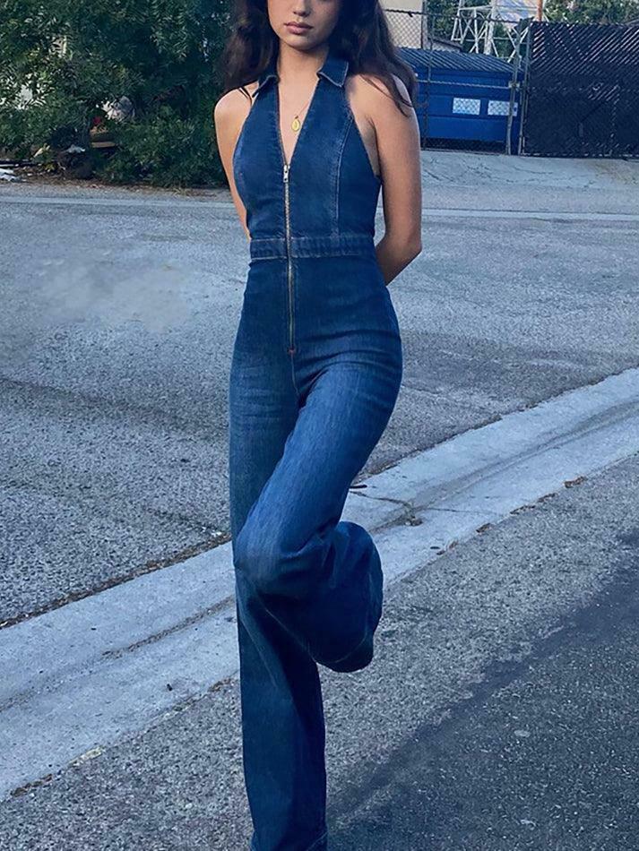 Y2K Halter Neck Denim Jumpsuit: Coquette Aesthetic Grunge Style Cargo Skirt Outfit