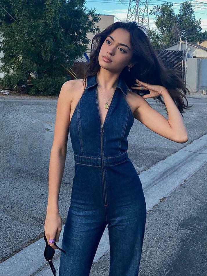 Y2K Halter Neck Denim Jumpsuit: Coquette Aesthetic Grunge Style Cargo Skirt Outfit