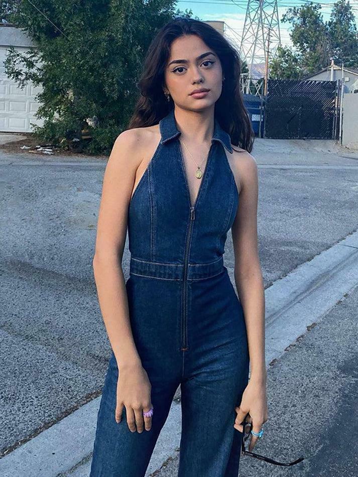 Y2K Halter Neck Denim Jumpsuit: Coquette Aesthetic Grunge Style Cargo Skirt Outfit