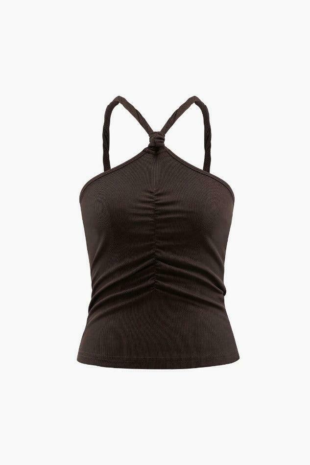Y2K Halter Neck Ruched Cami Top - Coquette Aesthetic Grunge Style Cute Tops Pastel Goth Fashion