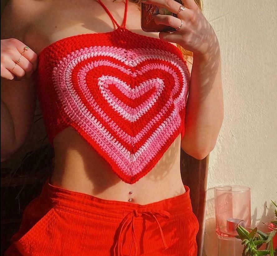 Y2K Heart Knit Crop Top - Coquette Aesthetic Grunge Style Cute Tops Pastel Goth Fashion