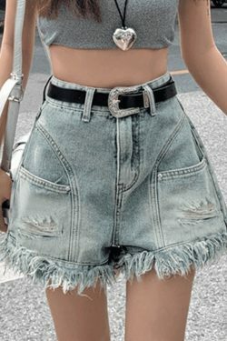 Y2K High Waist Tassel Denim Shorts - Coquette Aesthetic Grunge Style Cute Cargo Skirt