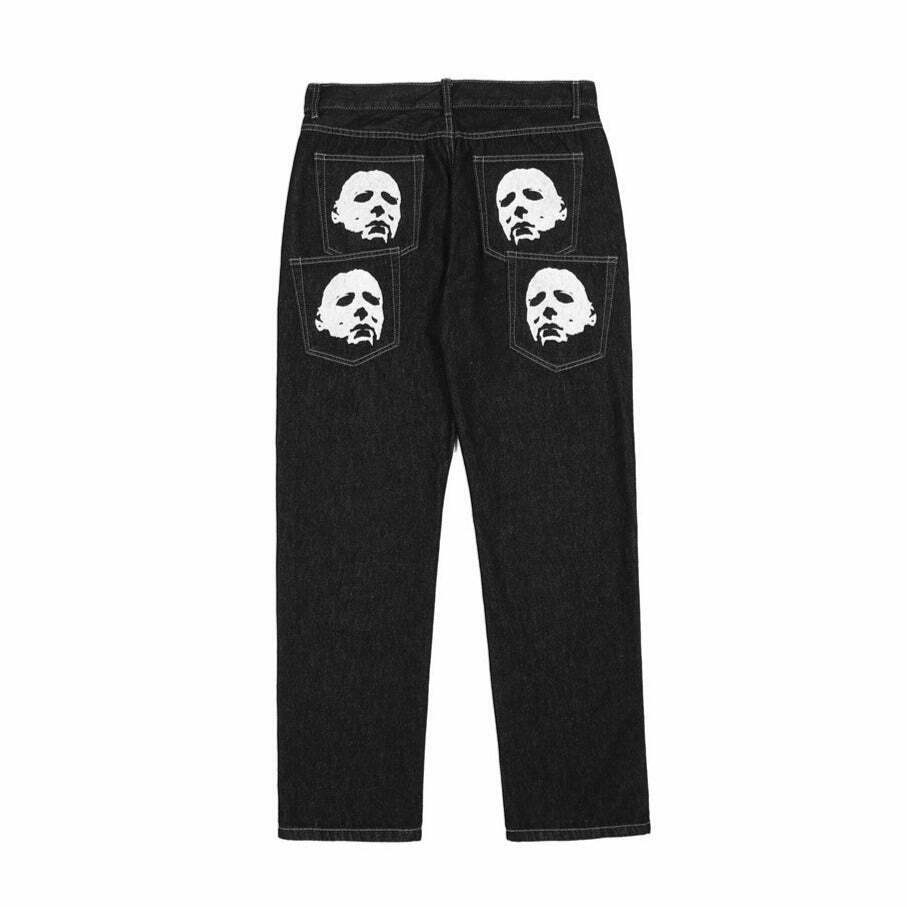 Y2K Horror Print Wide Leg Jeans - Coquette Aesthetic Grunge Fashion