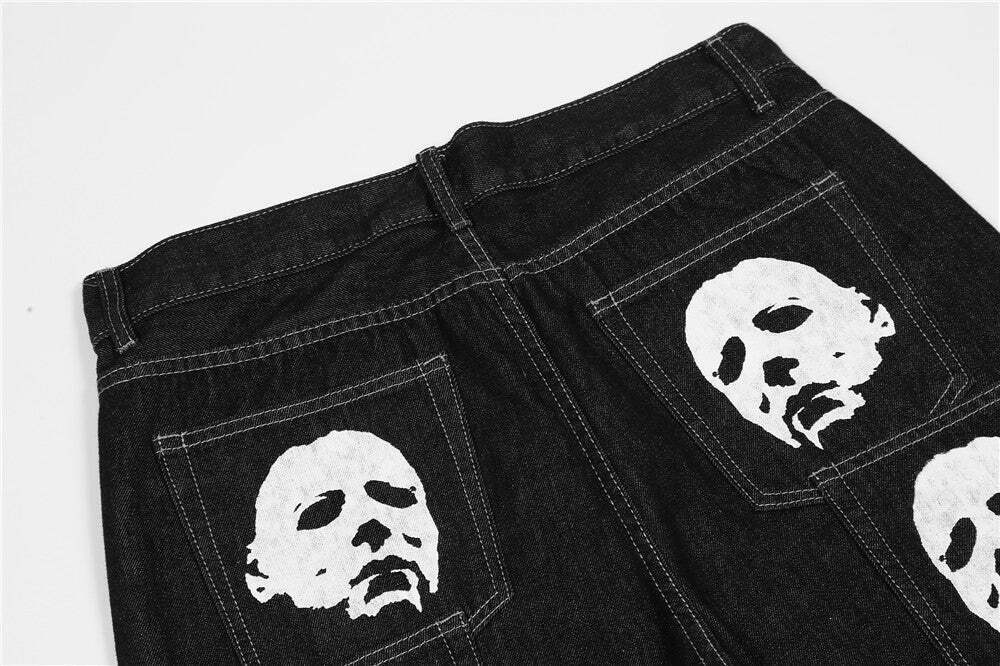 Y2K Horror Print Wide Leg Jeans - Coquette Aesthetic Grunge Fashion