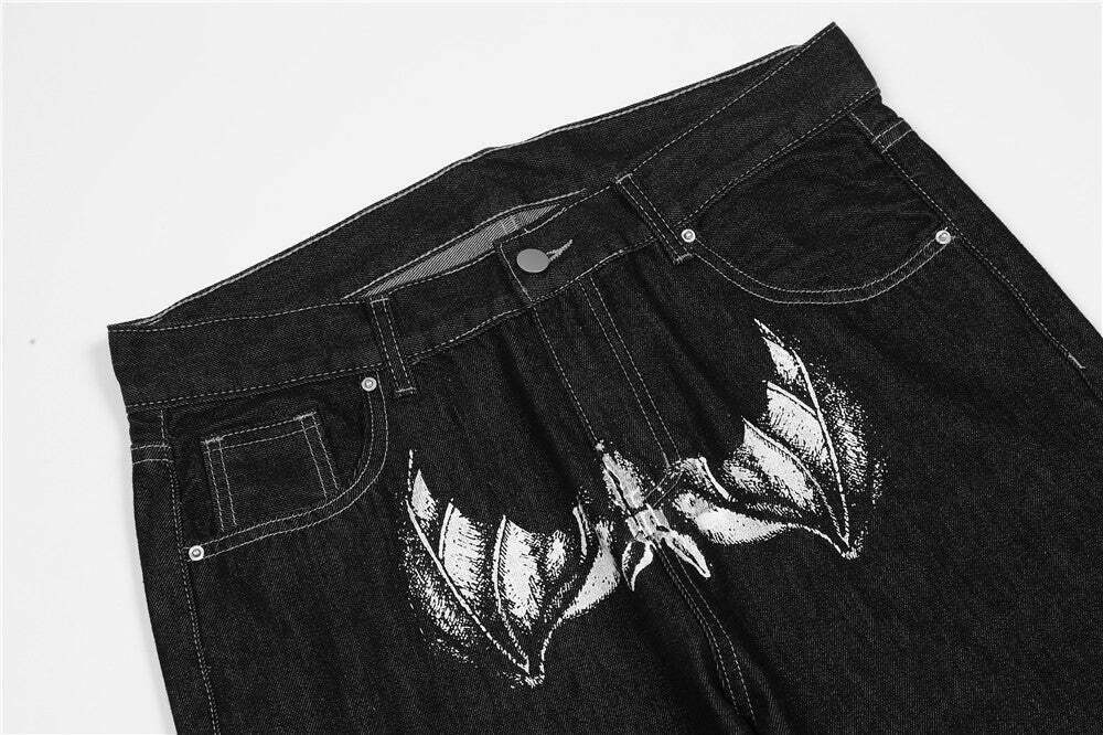 Y2K Horror Print Wide Leg Jeans - Coquette Aesthetic Grunge Fashion