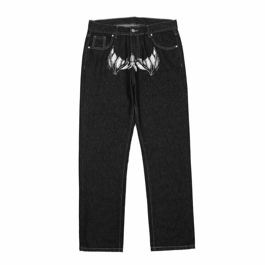 Y2K Horror Print Wide Leg Jeans - Coquette Aesthetic Grunge Fashion
