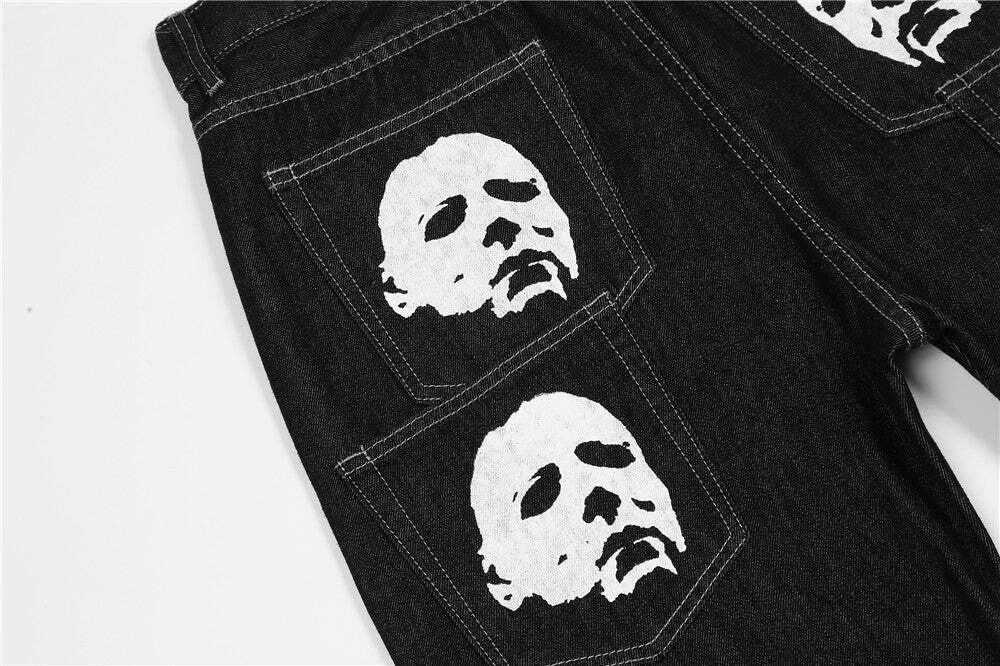 Y2K Horror Print Wide Leg Jeans - Coquette Aesthetic Grunge Fashion