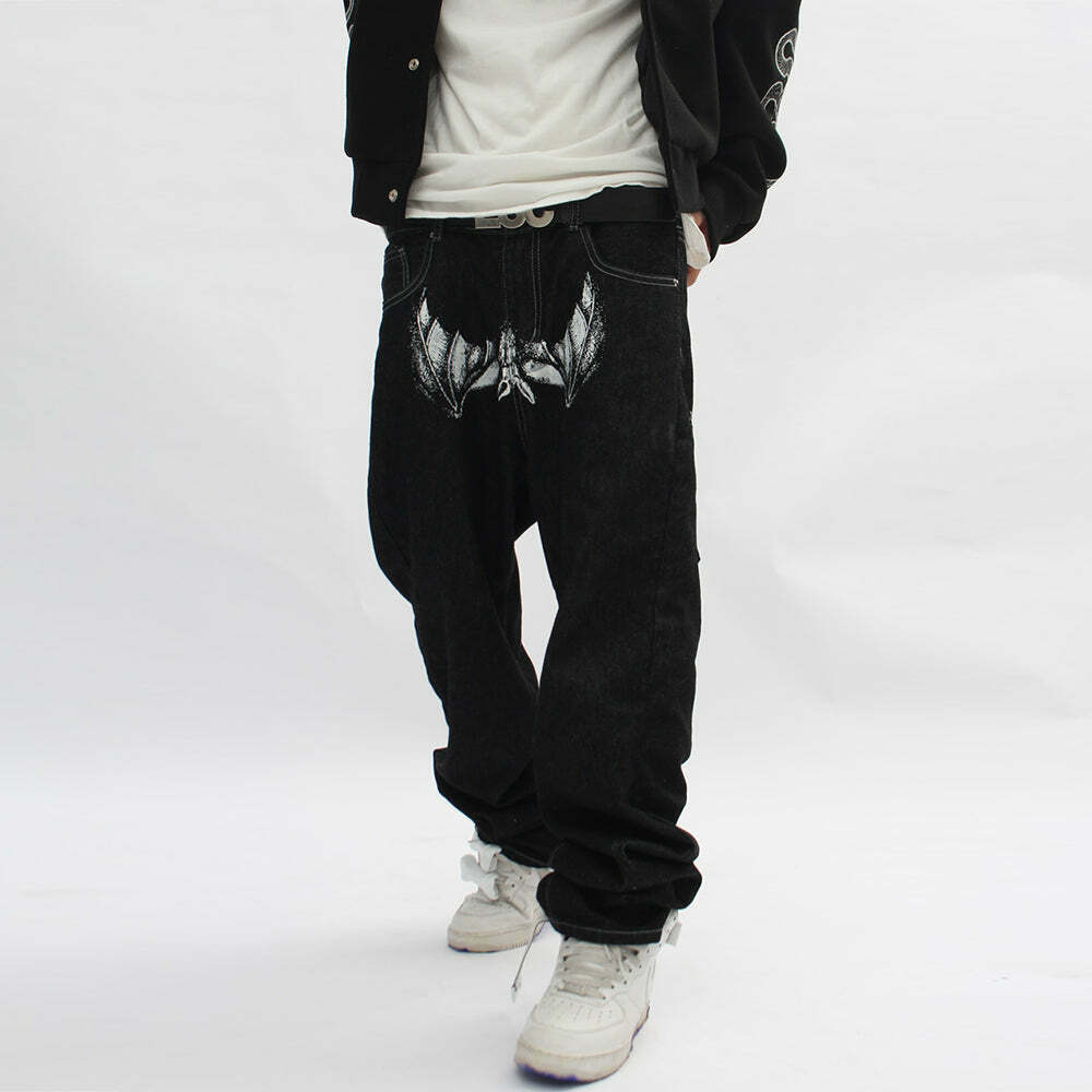 Y2K Horror Print Wide Leg Jeans - Coquette Aesthetic Grunge Fashion
