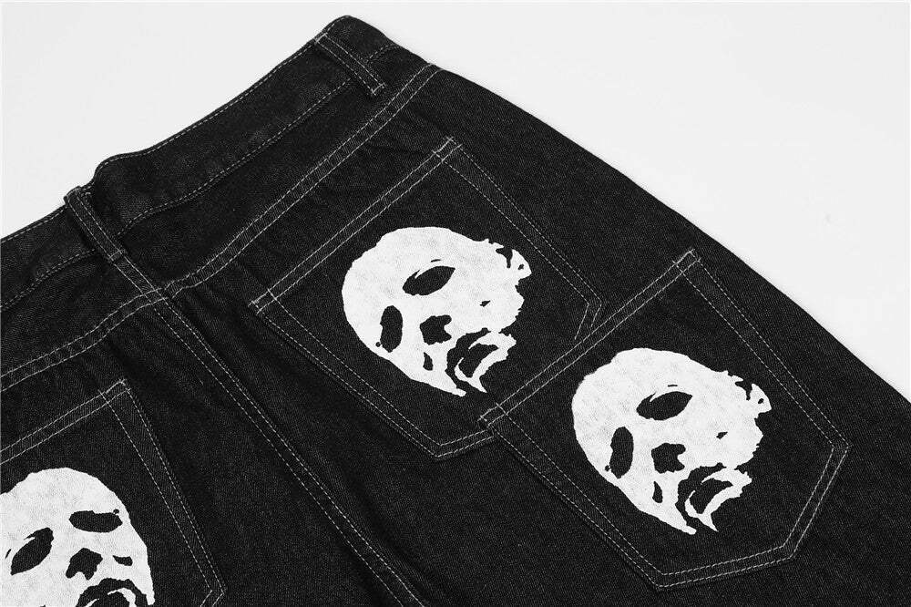 Y2K Horror Print Wide Leg Jeans - Coquette Aesthetic Grunge Fashion