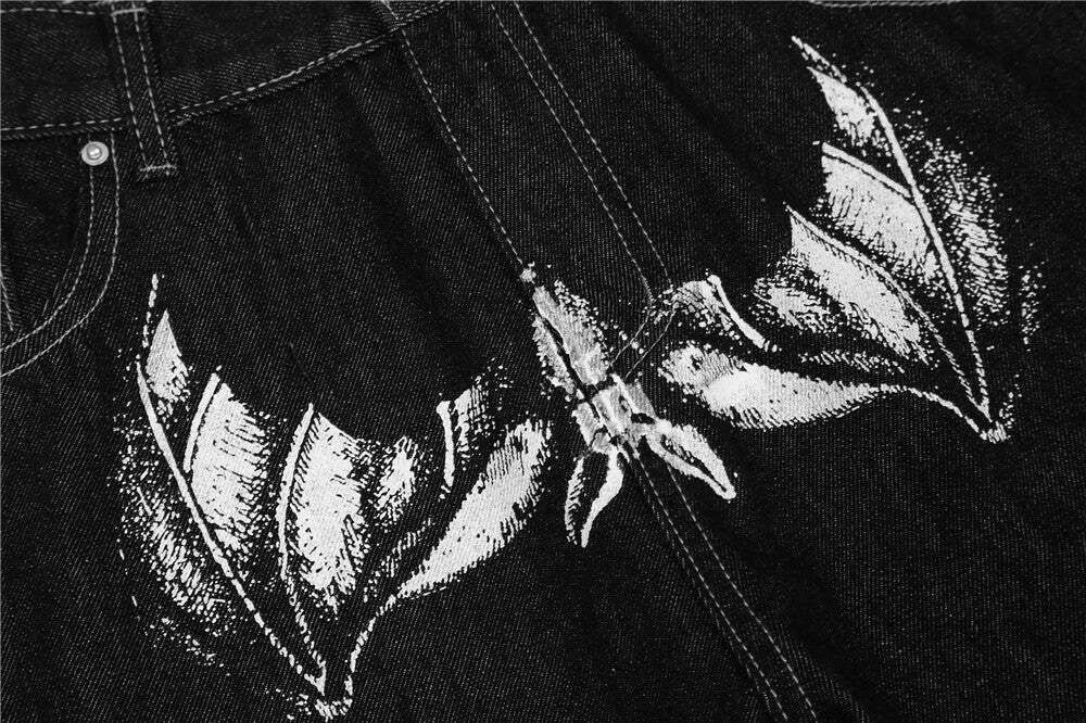 Y2K Horror Print Wide Leg Jeans - Coquette Aesthetic Grunge Fashion