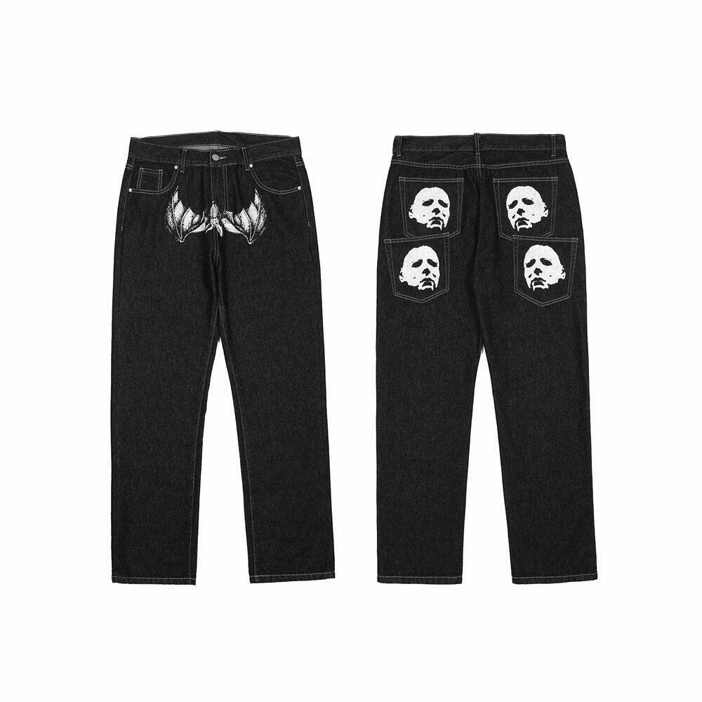 Y2K Horror Print Wide Leg Jeans - Coquette Aesthetic Grunge Fashion