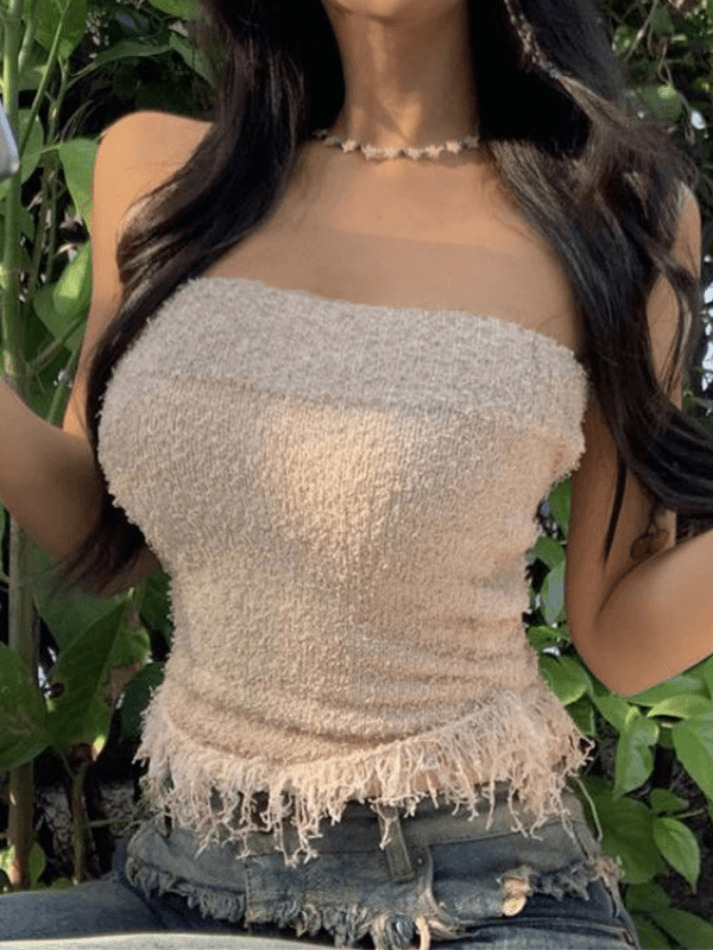 Y2K Knit Tassel Bandeau Top for Women - Coquette Aesthetic, Grunge Style, Cute Pastel Goth Outfit