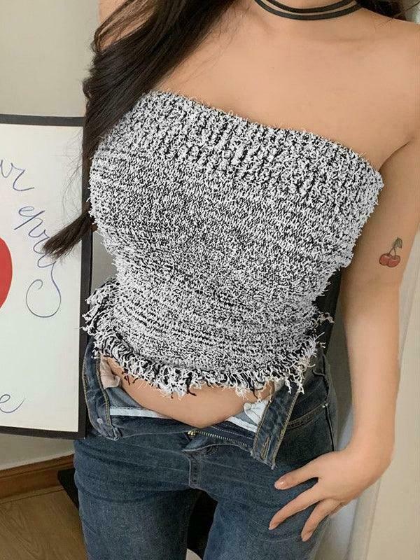 Y2K Knit Tassel Bandeau Top for Women - Coquette Aesthetic, Grunge Style, Cute Pastel Goth Outfit