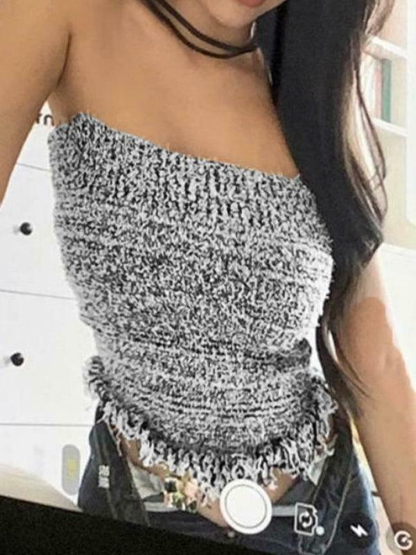 Y2K Knit Tassel Bandeau Top for Women - Coquette Aesthetic, Grunge Style, Cute Pastel Goth Outfit