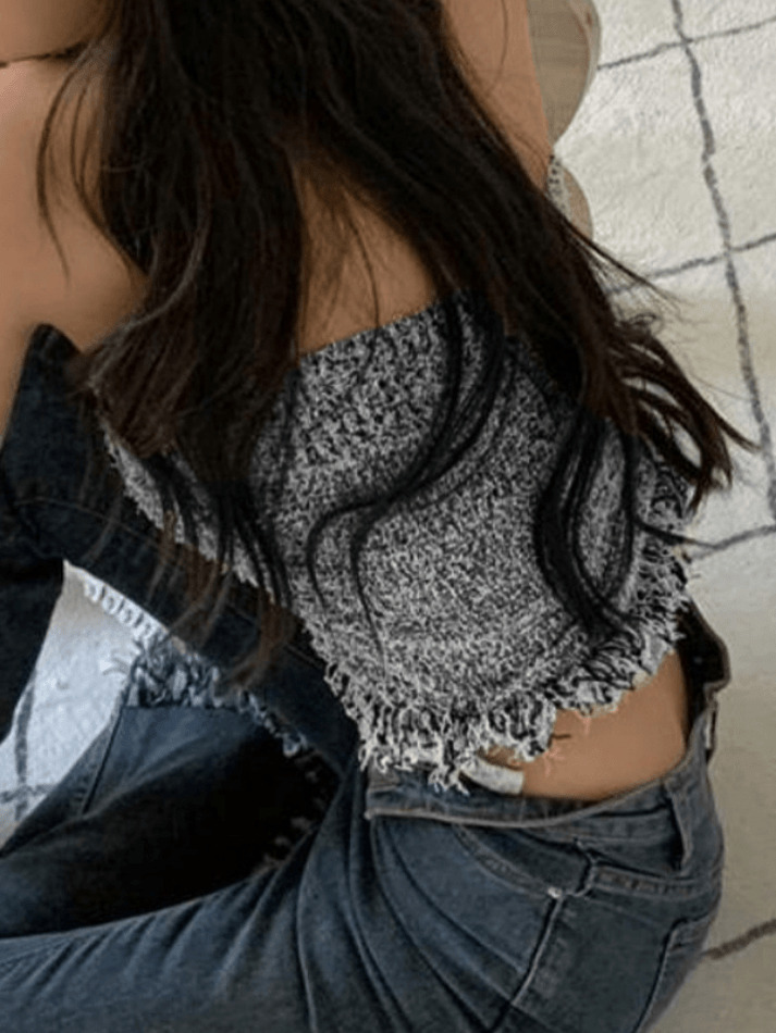 Y2K Knit Tassel Bandeau Top for Women - Coquette Aesthetic, Grunge Style, Cute Pastel Goth Outfit