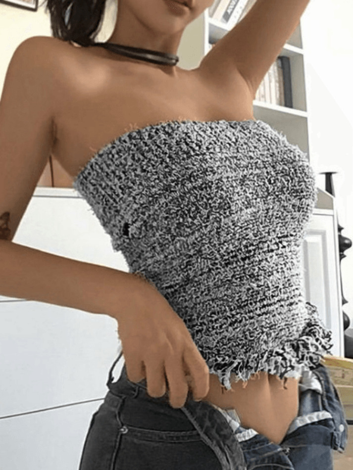 Y2K Knit Tassel Bandeau Top for Women - Coquette Aesthetic, Grunge Style, Cute Pastel Goth Outfit