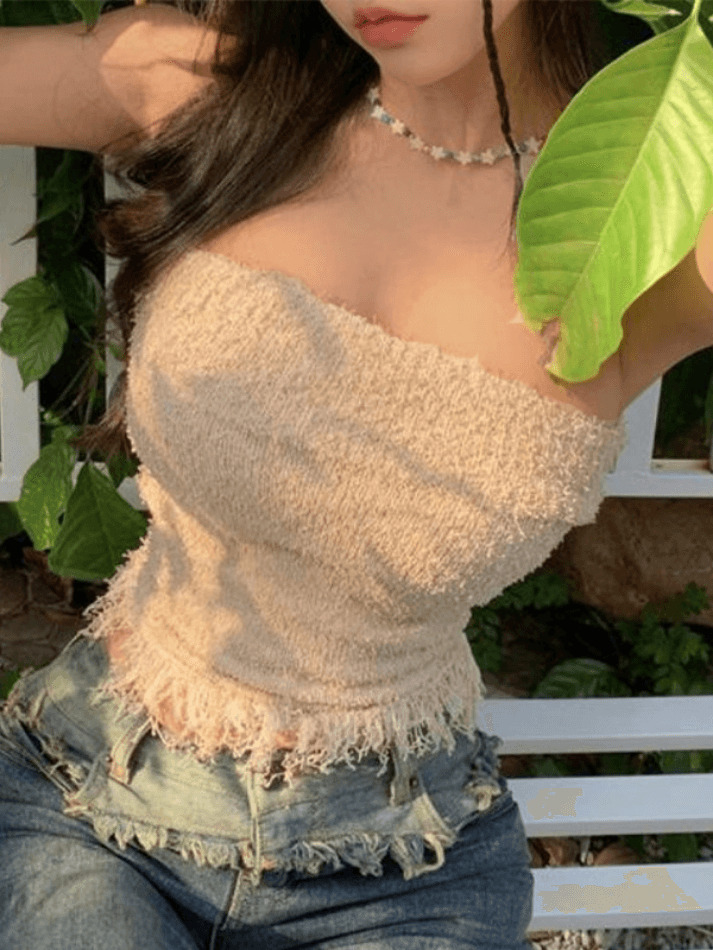 Y2K Knit Tassel Bandeau Top for Women - Coquette Aesthetic, Grunge Style, Cute Pastel Goth Outfit