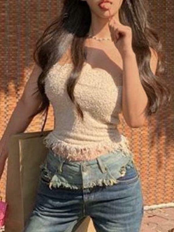 Y2K Knit Tassel Bandeau Top for Women - Coquette Aesthetic, Grunge Style, Cute Pastel Goth Outfit